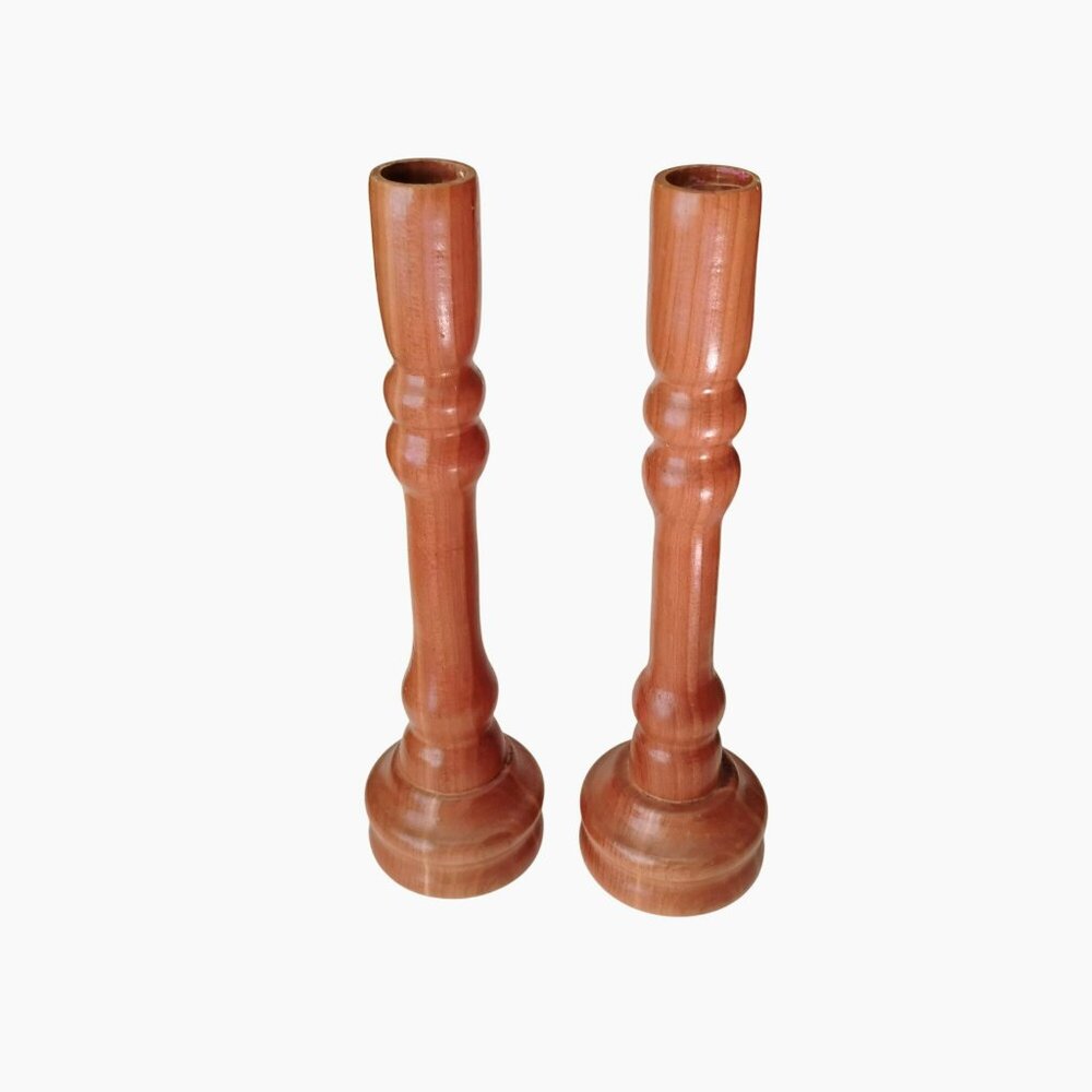 Vintage Wooden Candlesticks, Pair of Turned Wood Taper Holders 10" MCM 70s Hygge - Picture 1 of 3